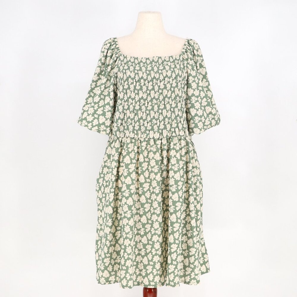 NWT LULAROE Alina Nap Dress Crinkle Knit Green Floral Smocked Size 3XL